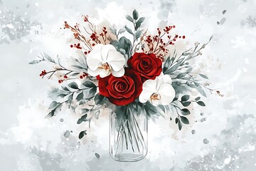 Watercolor Red Roses & White Orchids in Mason Jar, Winter Floral Arrangement