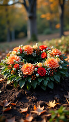 Autumn floral wreath of orange and red roses in peaceful forest setting