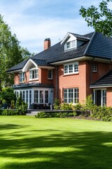 A stunning brick home stands proudly, featuring a beautifully manicured lawn and tall trees, all bathed in warm sunlight within a tranquil suburban neighborhood