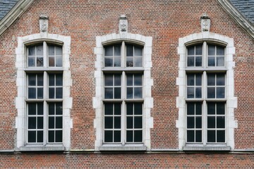 Naklejka premium Historic brick building exterior with three large windows showcasing classic architecture in a serene urban setting during the day