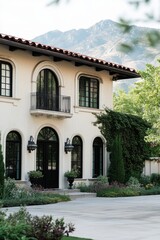 Elegant architecture of a Mediterranean-style home with lush landscaping, surrounded by mountains, captured on a sunny day