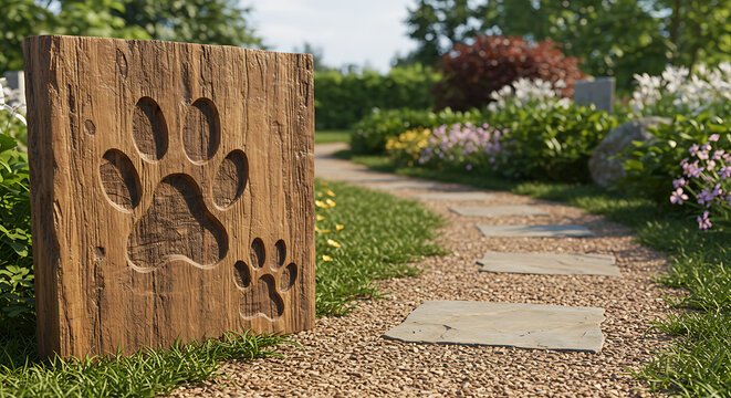 Wooden paw prints on pathway surrounded by lush garden and flowers