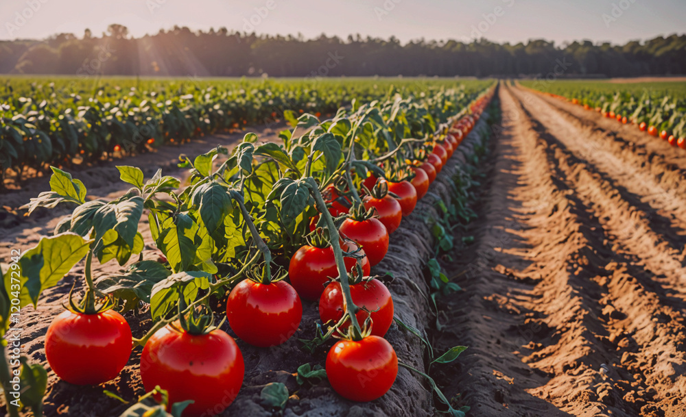 Poster Row of red tomatoes are growing in a field. The field is surrounded by dirt and the tomatoes are in various stages of growth