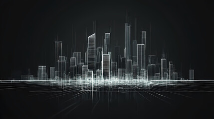 A sleek futuristic cityscape depicted in black silhouette, showcasing thin strokes of urban buildings and skyline, creating a modern and dynamic illustration. Futuristic City. Illustration