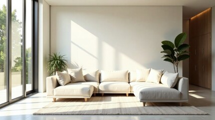 Modern Minimalist Living Room with Sunlight Streaming Through Large Window and Sectional Sofa