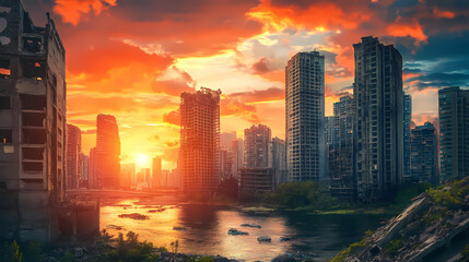 Fototapeta premium Abandoned buildings in futuristic city at sunset,sci-fi scenery illustration painting. Futuristic City. Illustration