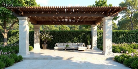 Serene Patio Oasis  Relaxing Sectional Sofa Under Elegant Wooden Pergola with Lush Greenery and Stone Pillars