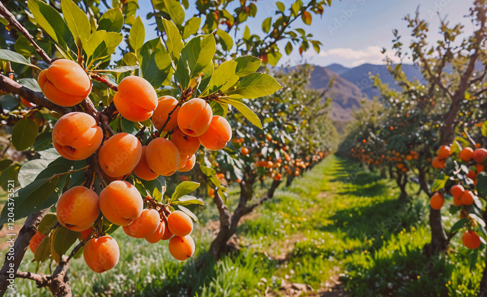 Poster Row of orange trees with fruit hanging from the branches. The trees are in a field with a green grassy area in between