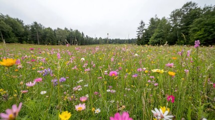 Vibrant wildflowers bloom in a meadow, forest backdrop, nature scene for calming backgrounds