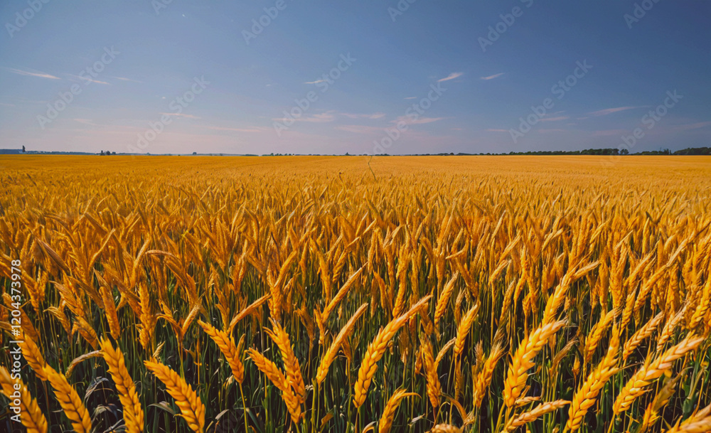 Poster field of golden wheat with a clear blue sky in the background. the field is vast and stretches as fa
