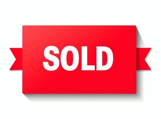 Bold white "SOLD" text on a red rectangular sticker, isolated on a pure white background 
