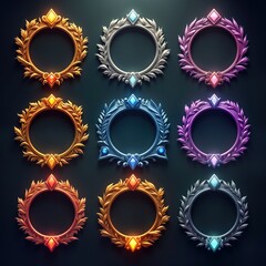 Fantasy circle frames with ornamental leaves, gems. Decorative game elements interface decorations. Multiple colors like gold silver purple blue bronze red. Great for digital artwork design concepts.