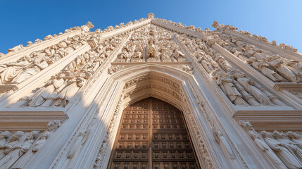Obraz premium Gothic architecture, A detailed high-fidelity shot of a Gothic doorway, showcasing intricate architectural features and a moody atmosphere.