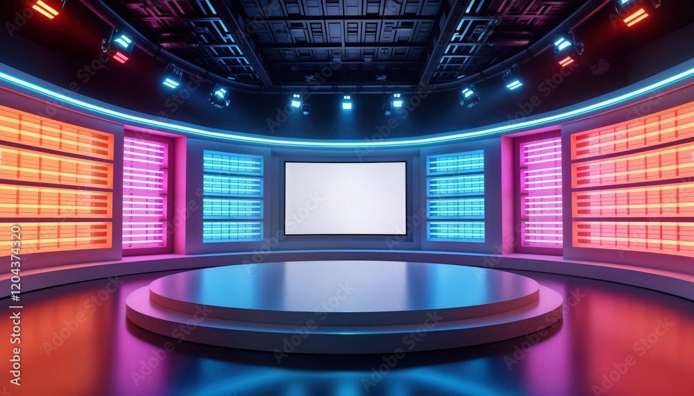 Poster Empty studio setup with bright neon lighting. Modern virtual set design. Round platform perfect for chroma footage. Ideal for news studio virtual presentations. Vibrant colors create dynamic mood.