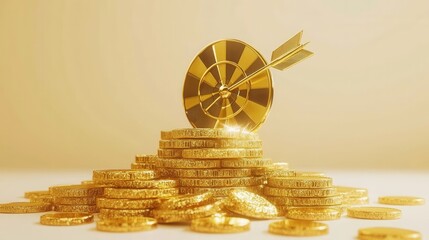 Golden Success: Dartboard on a pile of gold coins symbolizing financial goals achievement