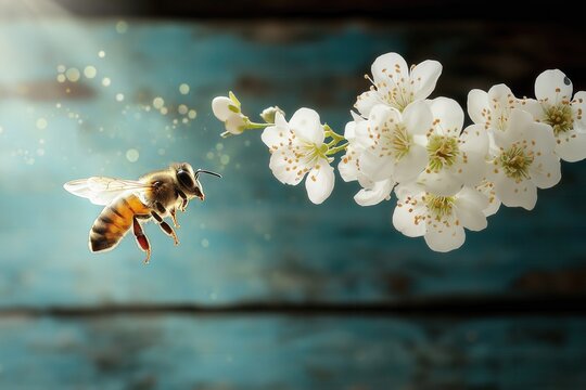 Bee hovering near blossoming white flowers with sunlit background