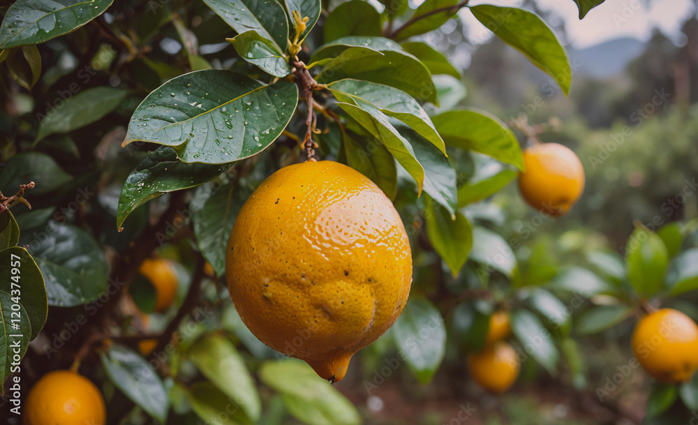 Aufkleber bunch of oranges hanging from a tree. the oranges are ripe and ready to be picked. the tree is lush 