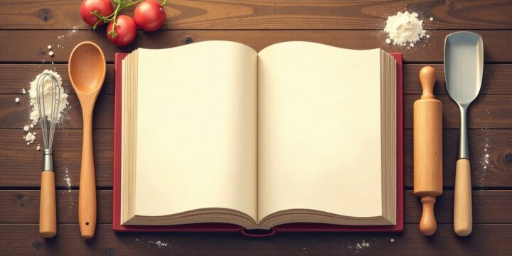 A blank cookbook rests open on a wooden surface, surrounded by baking utensils and fresh produce, ready to capture culinary inspiration.