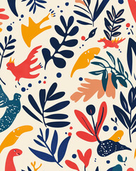 Colorful illustration with cartoon animals, birds, and plants on a beige background