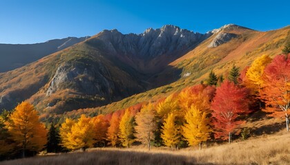 Obraz premium Autumnal Mountain Majesty: Vibrant Gold and Red Trees