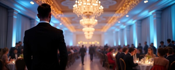 Elegant people dressed in formal attire attend charity gala in large hall. Guests seated at tables, enjoying dinner. Man in suit walks through crowd. Ambiance warm, sophisticated, with soft lighting,