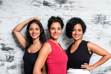 Three latina women smiling and posing together for women's day