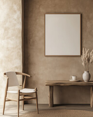 Modern japandi style room interior with wall art frame mock up, wooden dining table with chair and flower vase, 3d rendering 