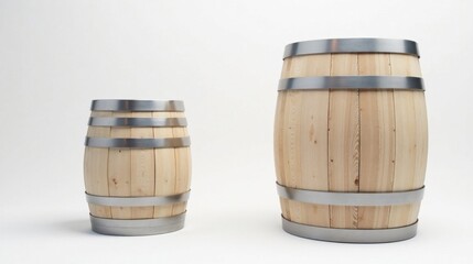 Fototapeta premium Wooden Barrels of Varying Sizes on a Plain Background, Ideal for Rustic Designs and Storage Concepts