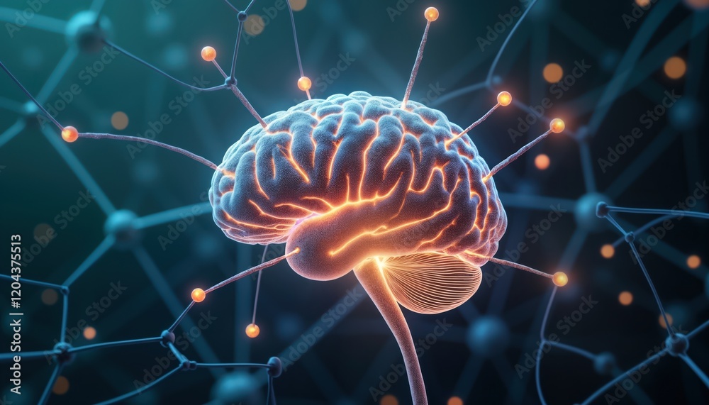 Poster Detailed illustration of brain highlighted with energy, light. Synapses, neurotransmitters create intricate network. Vivid colours, fractal design illustrate brain communication in dynamic way.