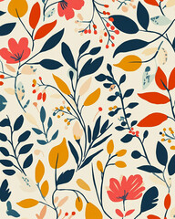 Abstract floral pattern with red, orange, and blue leaves and flowers on a cream background