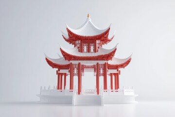 White background, 3D ancient Chinese architecture, New Year style