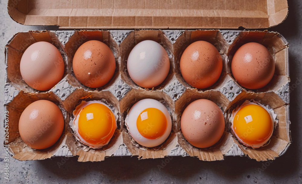 Poster dozen eggs are in a carton, with one of them cracked open. the carton is white and brown, and the eg