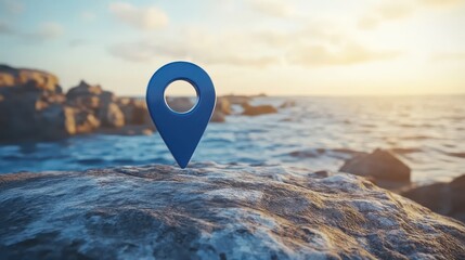 Location Marker on Coastal Rock at Sunset: A Symbol of Discovery and Adventure