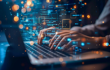 Hands typing on laptop with digital data visualization overlay