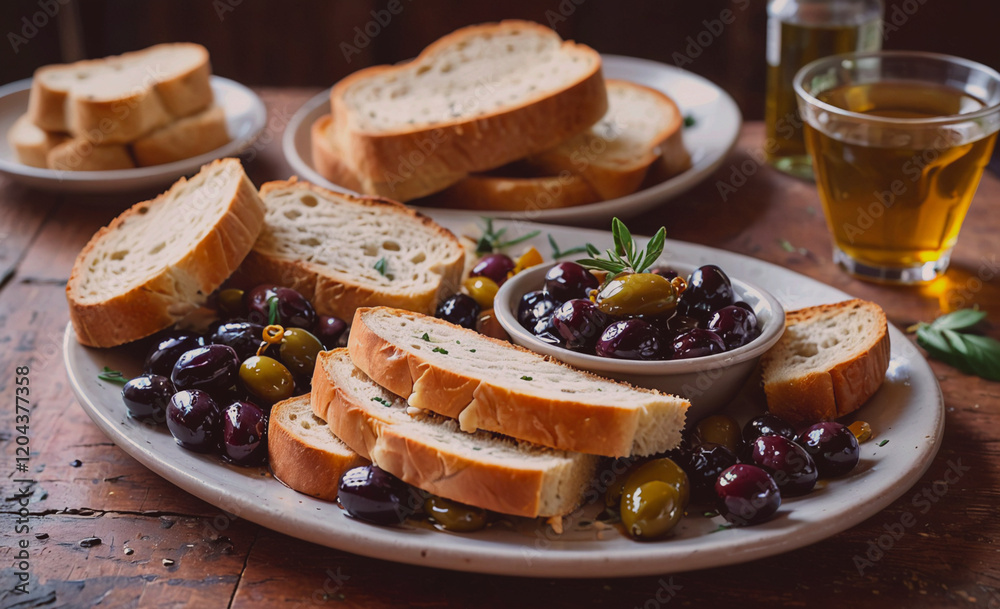 Poster plate of bread and olives is on a wooden table. the bread is cut into slices and the olives are scat