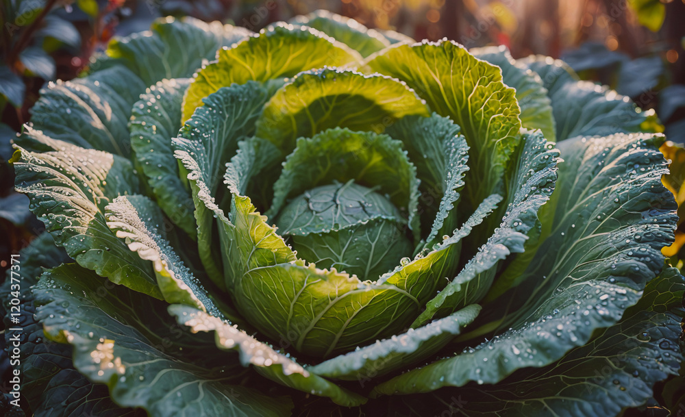 Poster large green cabbage with droplets of water on it. the droplets of water give the cabbage a fresh and
