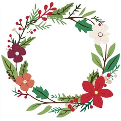 Fototapeta premium Vibrant floral wreath illustration with red and green botanical elements, symbolizing natural beauty and festive design aesthetics