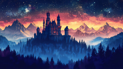 Majestic castle on a hilltop at twilight, surrounded by a forest and mountains under a starry sky. Dream Forest. Illustration