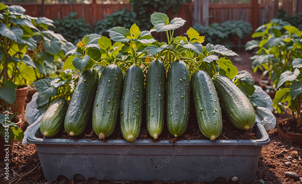 Poster Row of cucumbers are growing in a garden. The cucumbers are green and are growing in a tray