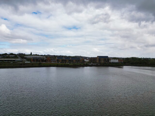 River Thames at Rochester Town in the Unitary of Medway and Located at Kent, England United Kingdom. High Angle Drone's Camera Footage was Captured on April 20th, 2024