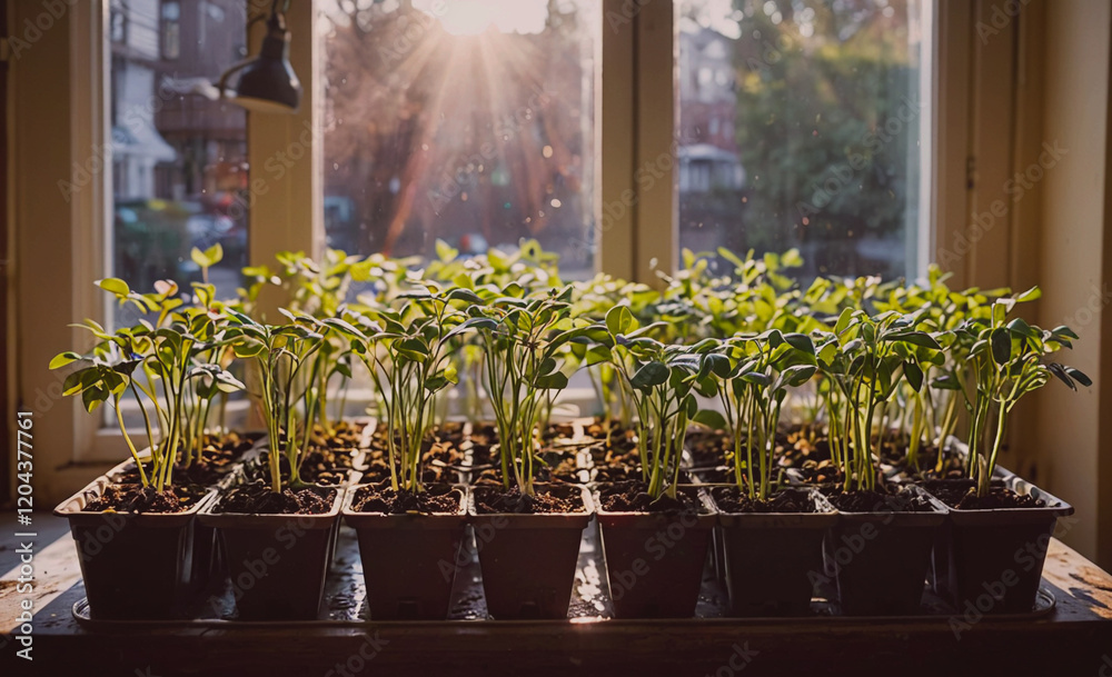 Poster row of potted plants sit on a table in front of a window. the plants are small and green, and they a