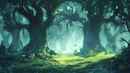 Mist forest concept. a tranquil forest with tall trees surrounded by lush, green moss and foggy atmosphere. Dream Forest. Illustration