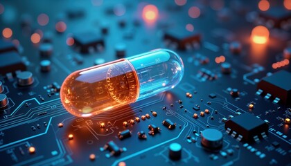Futuristic capsule rests on tech circuit board. Innovative med tech concept. Digital representation of futuristic medicine. Advanced pharmaceutical design. Blend of technology, drugs. Advanced