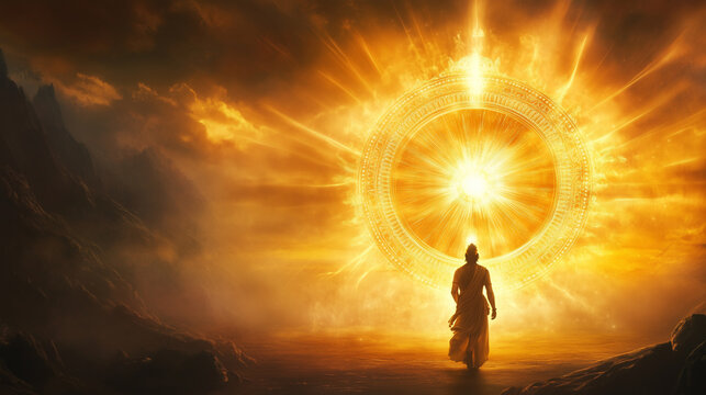A symbolic representation of dharma as a glowing wheel behind Krishna, with spiritual energy radiating outward