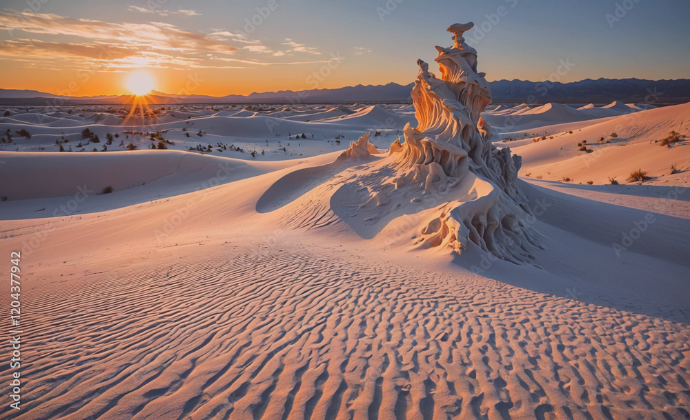 Poster desert landscape with a large rock formation in the middle. the sun is setting in the background, ca