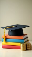 Graduation cap with stacked coins and colorful books, symbolizing education costs and financial planning