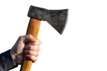 An axe in the hands of a man. A tool for chopping, isolated on white background. Harvesting firewood.