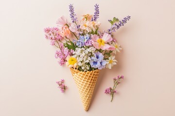 Waffle cone with spring and summer flowers