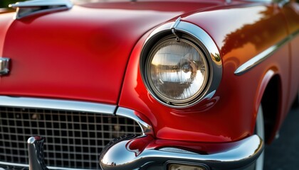 Close-up view of vintage red car front headlight. Shiny chrome bumper. Details of retro car design. Parked vehicle. Classic car style. Luxury automobile. Nostalgia. Classic car detail.