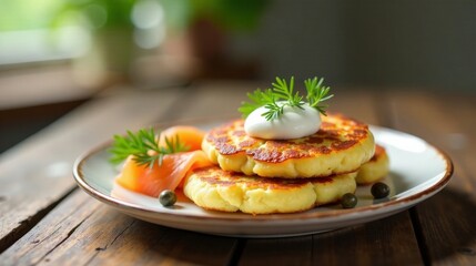 Delicious potato pancakes with creamy topping and smoked fish garnish on rustic wooden table